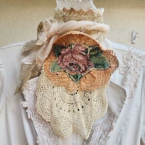 Antique Lace Jabot Designer Bow Tie Upcycled Cotton Flower/Magnolia/RoseVintage